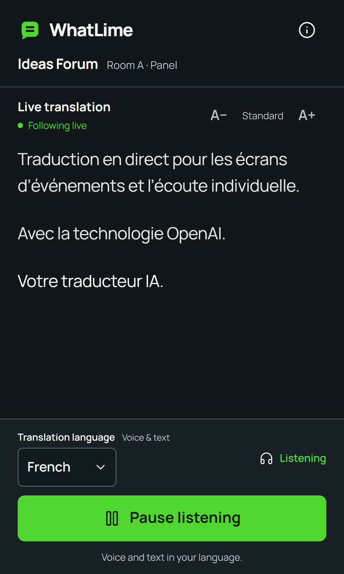 Participant-page illustration: text-size controls, one language for voice and text, and a listening button kept at the bottom of the view.